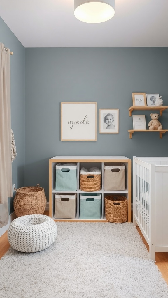 Modern gender-neutral nursery with adaptive storage solutions including woven baskets and a white crib.