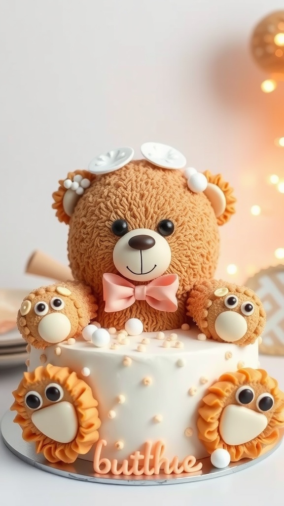 A cute teddy bear cake with lion decorations and a soft, fluffy design.