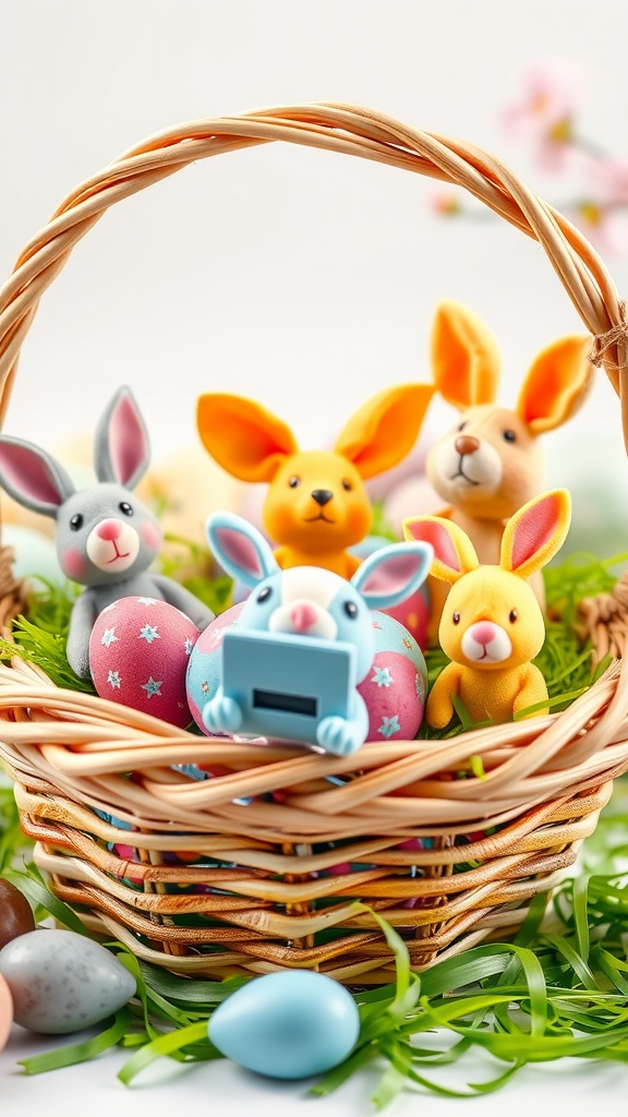 Easter basket filled with colorful bunny figures and decorated eggs.
