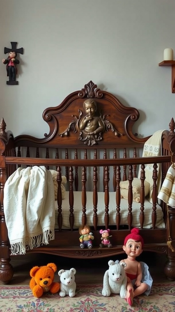 A vintage wooden crib with decorative elements and plush toys around it.