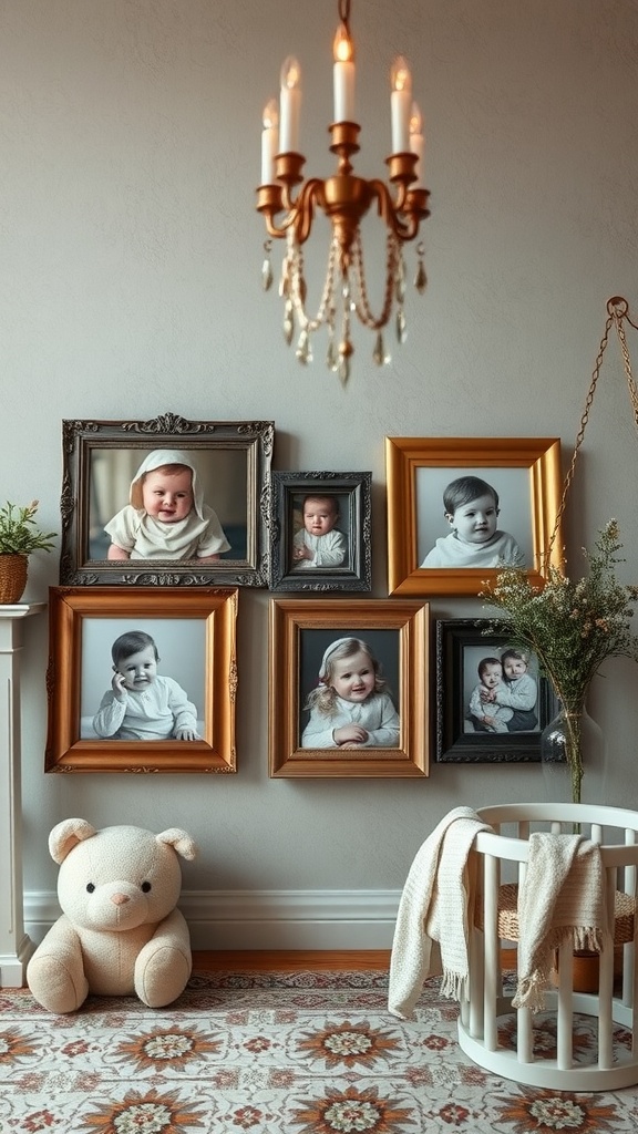 A collection of antique picture frames holding baby photos, with a cozy teddy bear in the nursery.
