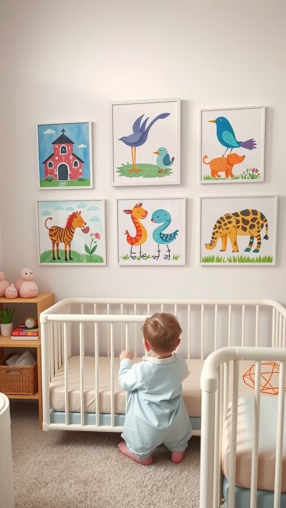 A modern nursery with colorful animal artwork displayed at child's eye level, featuring a baby looking at the pictures.