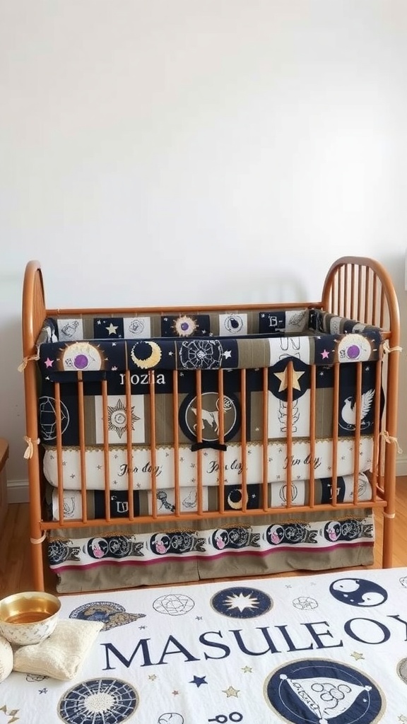 A nursery crib with astrology-themed bedding featuring stars and zodiac symbols