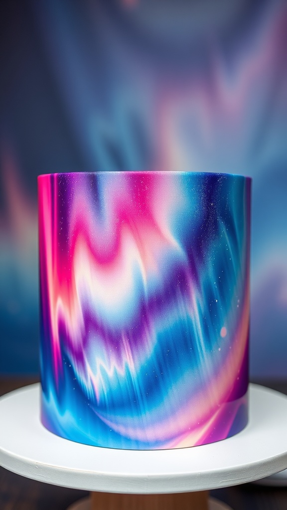 A colorful cake inspired by the Aurora Borealis, featuring swirling patterns in pink, blue, and purple.