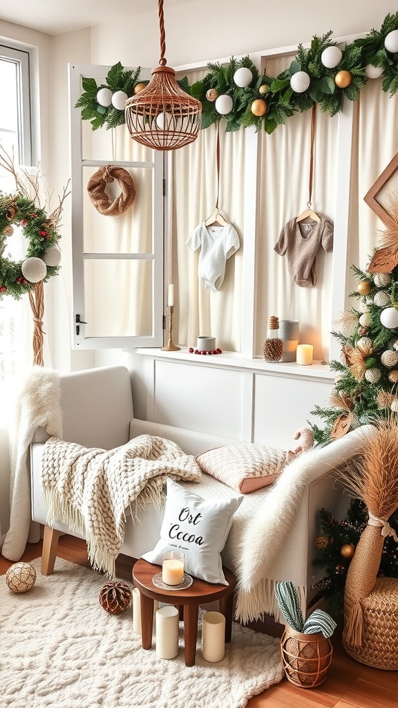 Cozy baby shower setup with warm blankets, pillows, and festive decorations.