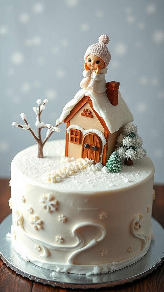 A winter-themed baby shower cake with a snow-covered house and a figurine on top.