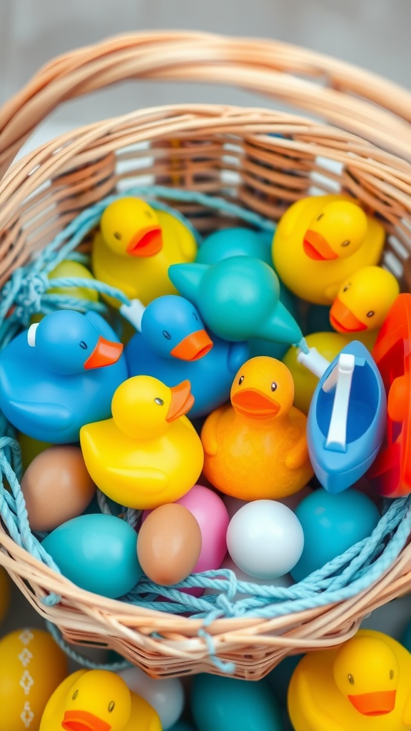 A basket filled with colorful rubber ducks, eggs, and a small boat, perfect for bath time fun.