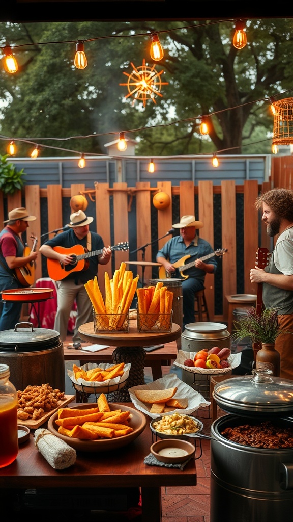 A lively outdoor setting with musicians playing instruments, barbecue food, and a festive atmosphere.