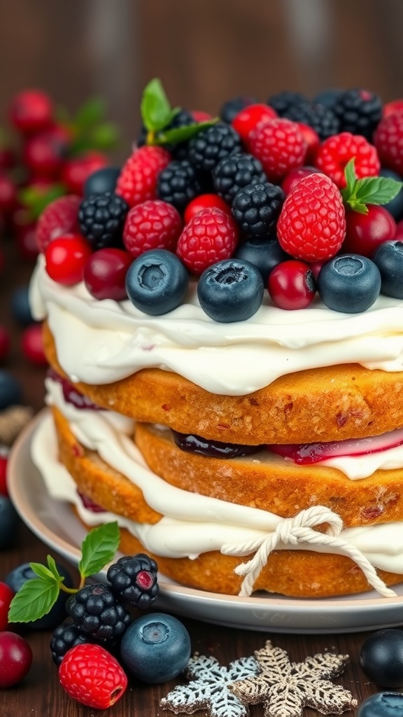 A delicious three-layer berry and cream cake topped with blueberries, raspberries, and blackberries.