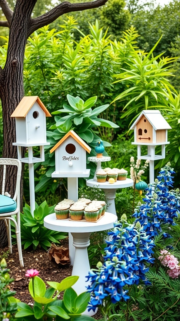 A beautiful garden setup featuring colorful birdhouses, cupcakes, and bluebonnet flowers.