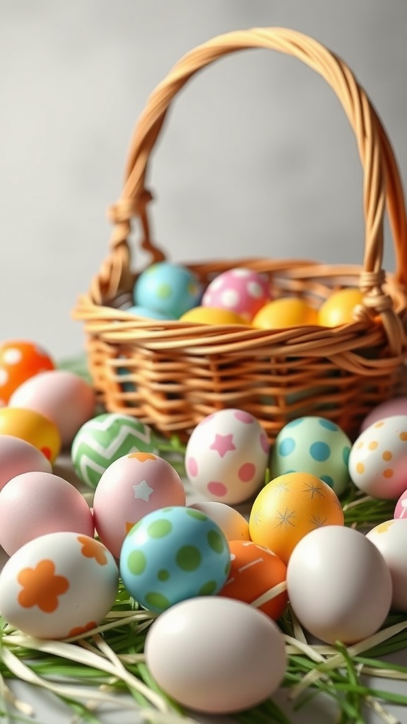 Colorful plastic eggs scattered on grass with a basket in the background