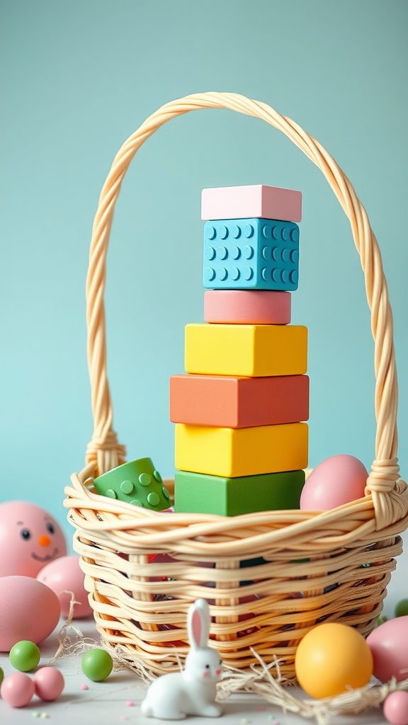 A colorful basket filled with building blocks and Easter eggs, perfect for toddlers.