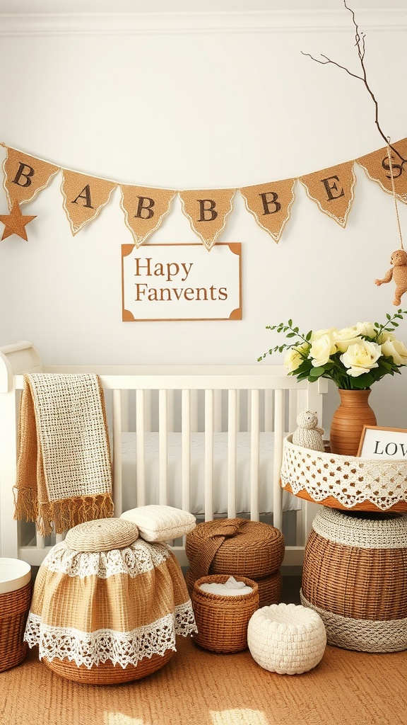 A vintage nursery with burlap decorations and lace accents.