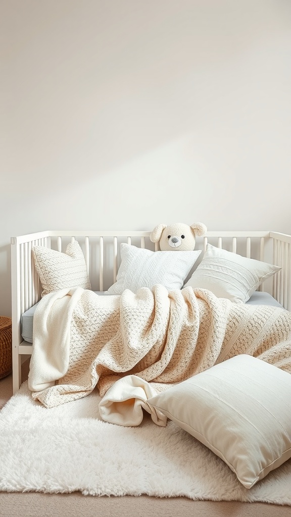 A cozy nursery with soft textiles, including a blanket, pillows, and a plush rug.