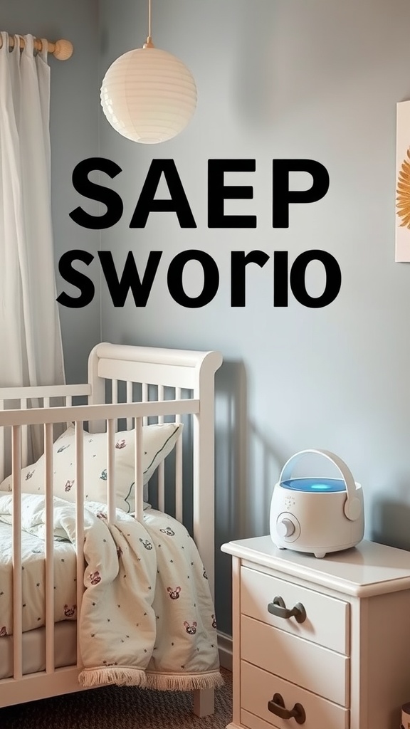 A calming sound machine in a modern gender-neutral nursery with a crib and light-colored decor.