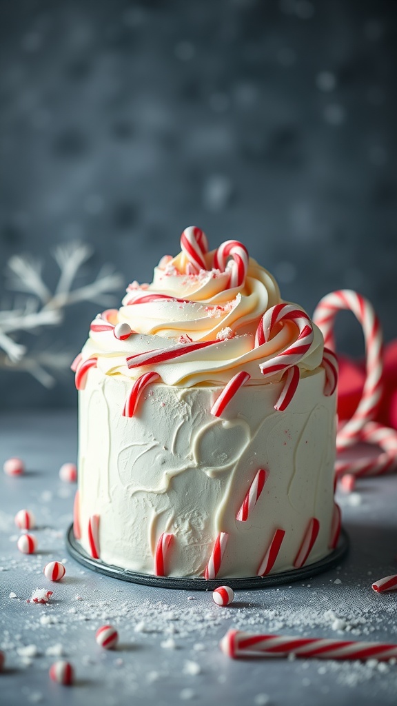 A beautifully decorated candy cane cake with swirls of frosting and candy cane accents.
