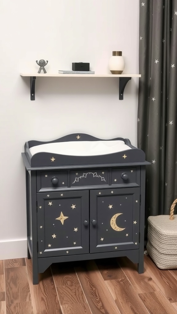 A dark gray changing table decorated with stars and a crescent moon, with a wooden shelf above.