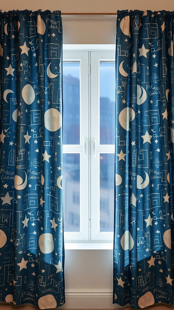 Celestial-themed nursery curtains with stars and moons