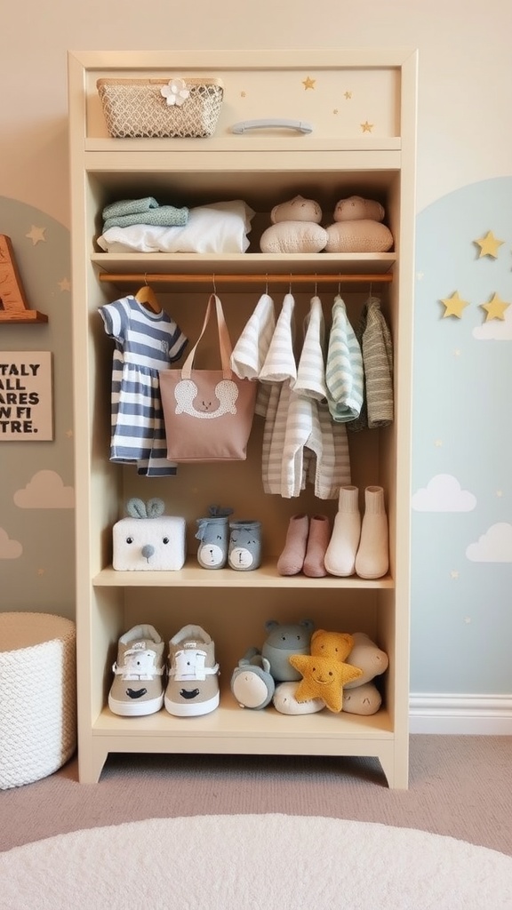 A neatly organized baby clothing storage unit with celestial-themed decor.