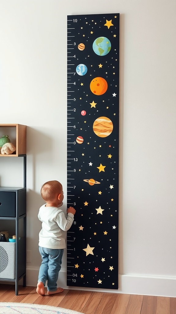 A child measuring their height against a celestial-themed growth chart with planets and stars.