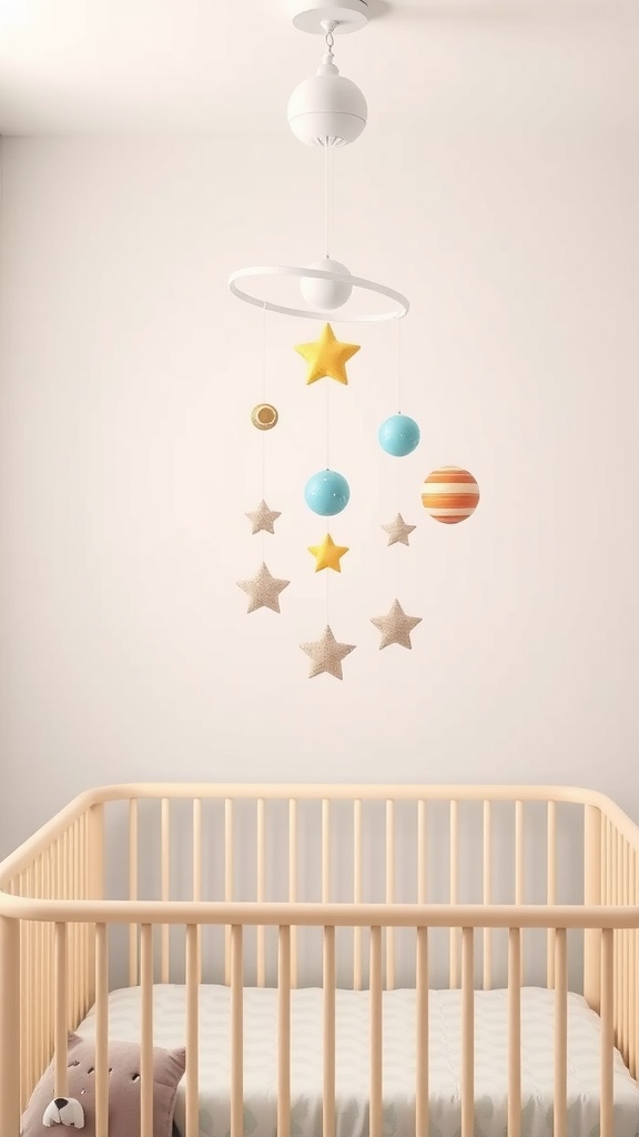 Celestial mobile featuring colorful stars and planets hanging above a crib.