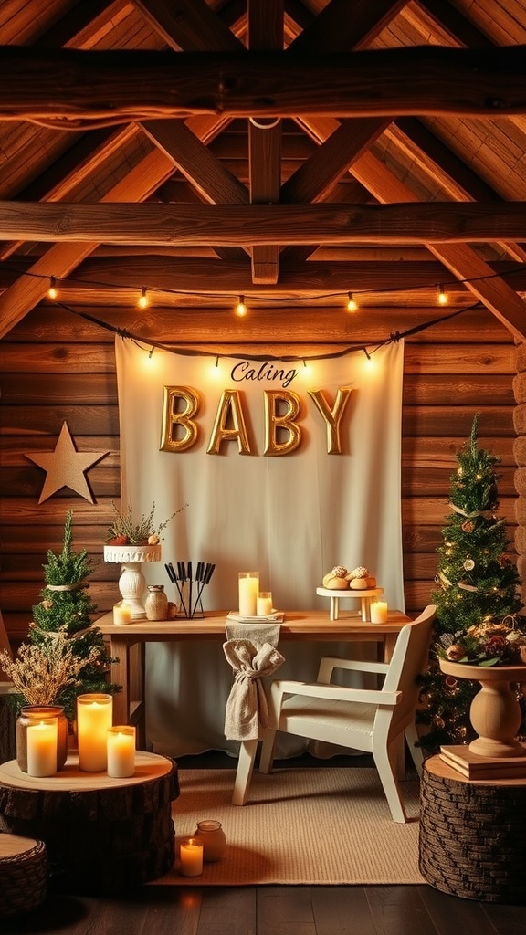 A cozy cabin-themed baby shower setup with warm lighting, candles, and rustic decor.