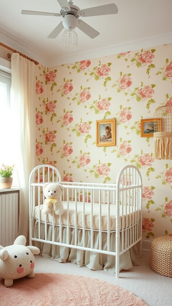 A nursery with floral wallpaper featuring soft roses and a white crib.