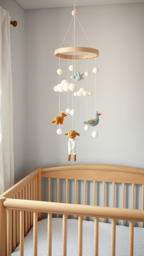 A charming nursery mobile featuring colorful animals and clouds hanging above a wooden crib.