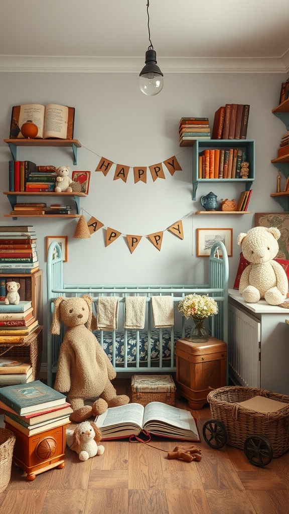 A cozy vintage nursery with books, toys, and a crib.