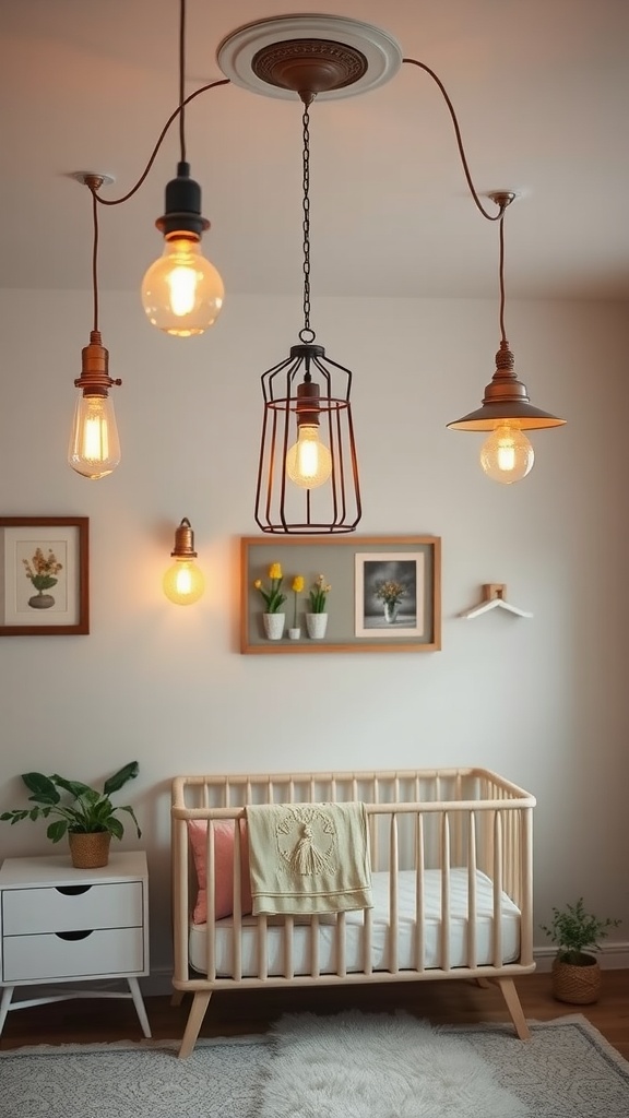 Vintage lighting fixtures in a nursery with a crib and decorative elements.