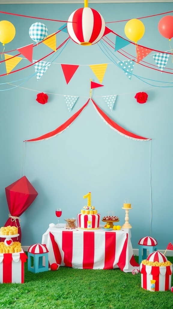 A vibrant circus carnival setup with colorful decorations and a festive table.