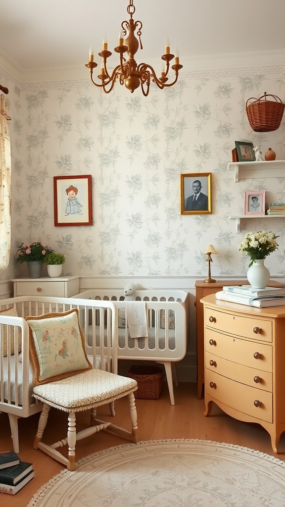A vintage nursery featuring classic furniture.