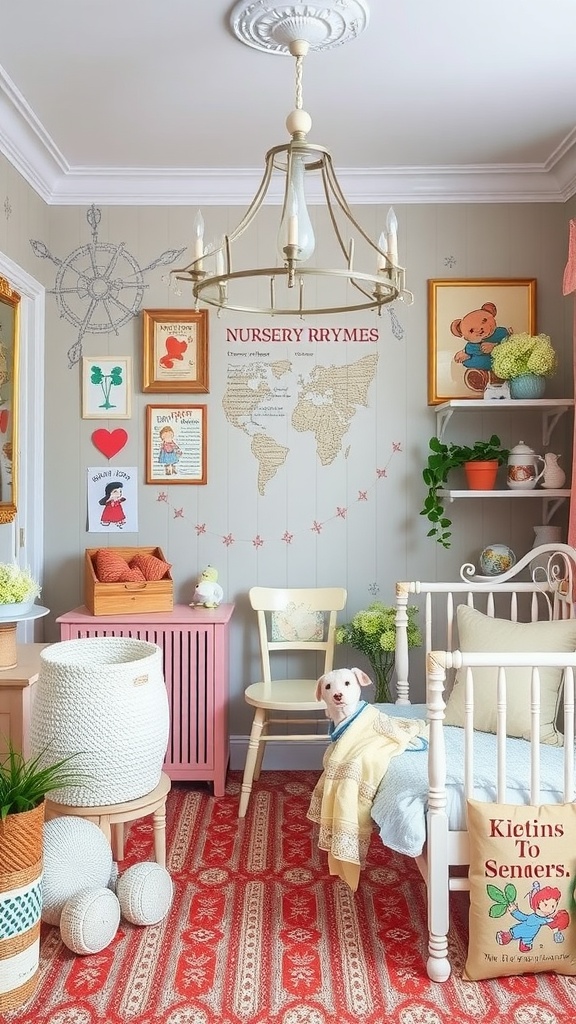 A vintage nursery decorated with nursery rhyme themes, featuring cheerful colors and playful designs.