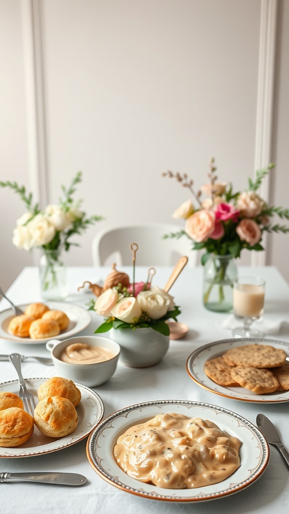 A beautifully set brunch table featuring biscuits, gravy, and floral decorations, perfect for a classic Southern baby shower.