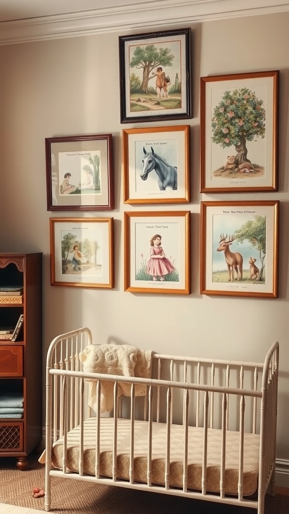 A vintage nursery with classic storybook illustrations framed on the wall above a crib.