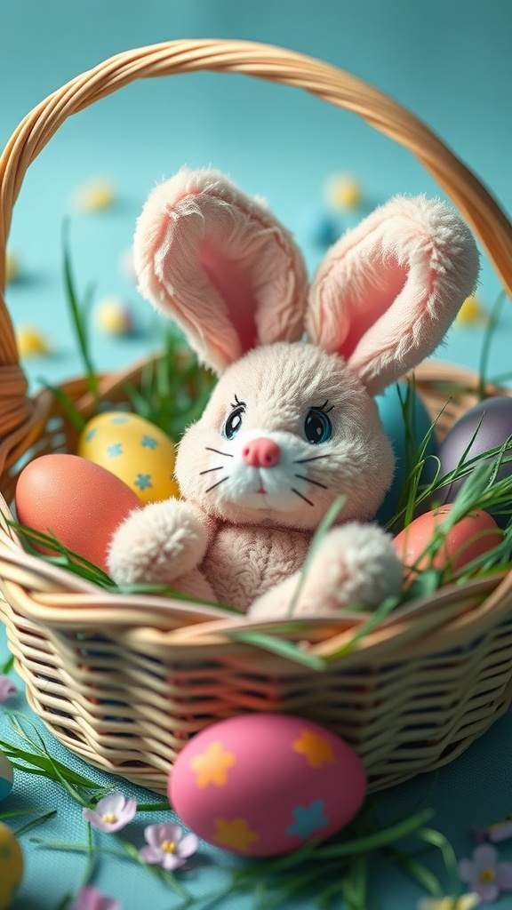 A cute plush bunny surrounded by colorful Easter eggs in a basket.
