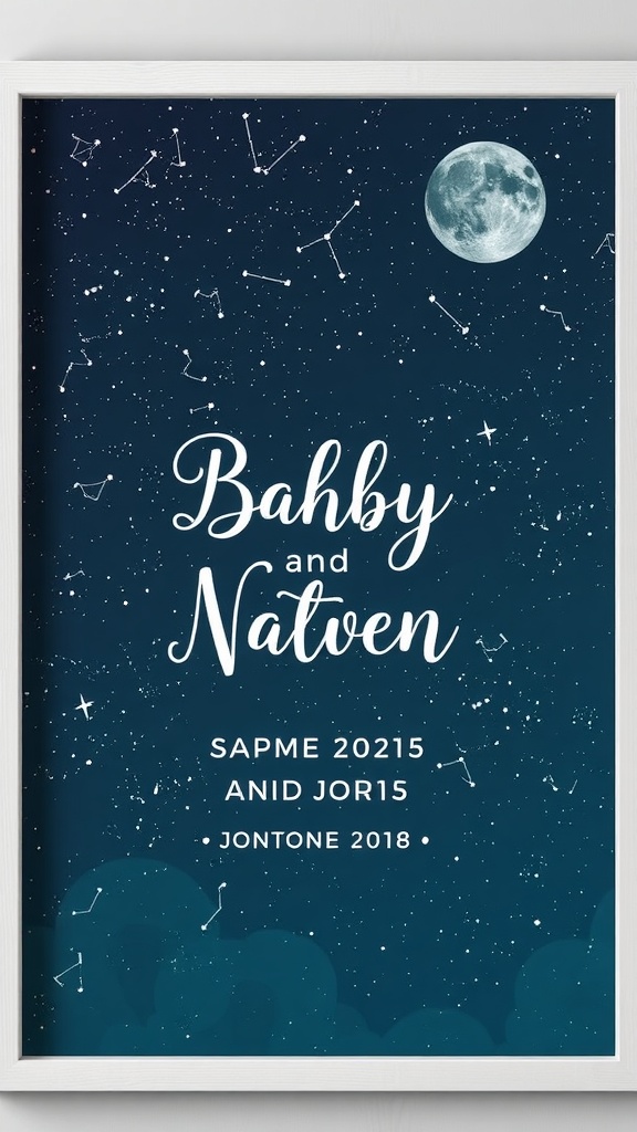 Constellation-themed birth announcement featuring stars and a moon