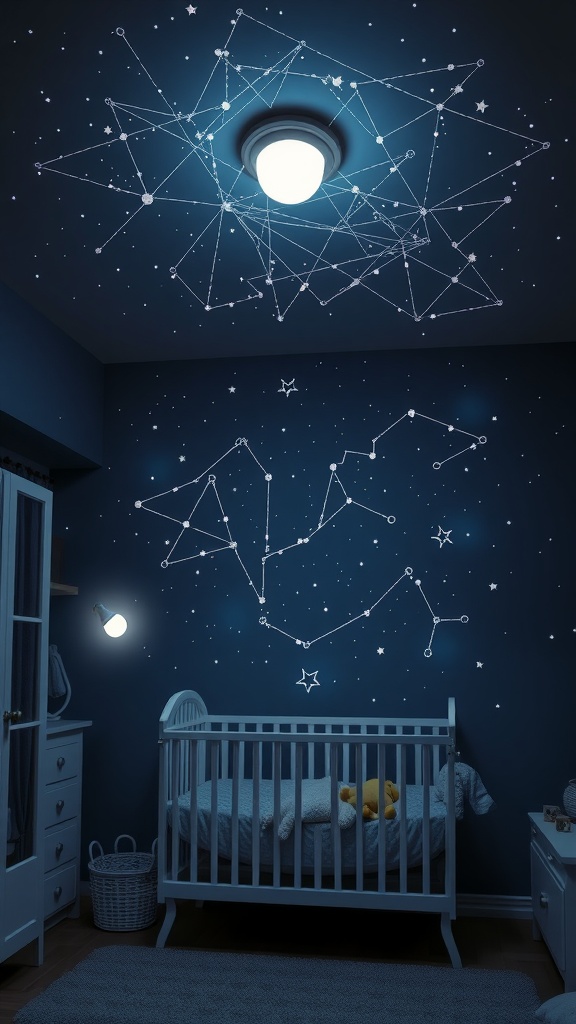 A cozy nursery with a constellation nightlight illuminating star patterns on the ceiling and walls.