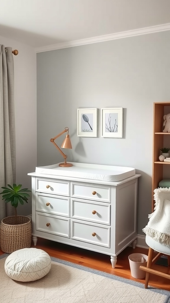 A convertible changing table in a modern nursery setting with neutral decor.