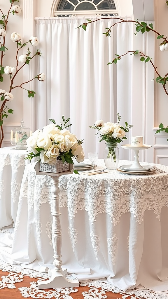 A beautifully set table for a baby shower featuring cotton decor and lace details.