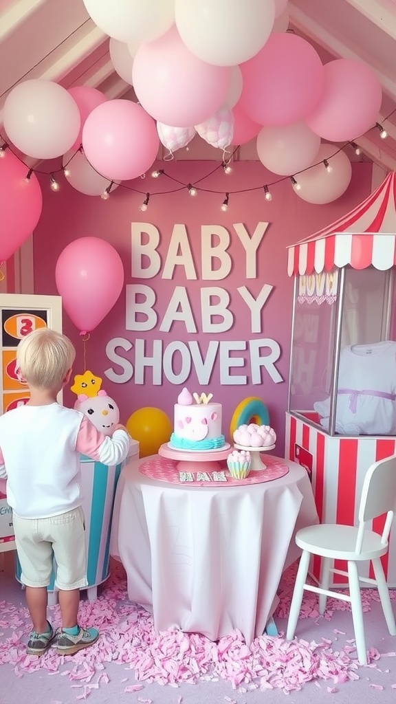 A colorful baby shower setup featuring cotton candy decor and a sweet cake.