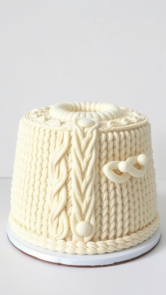 A cake designed to look like a cozy knitted sweater, featuring intricate patterns and a soft cream color.
