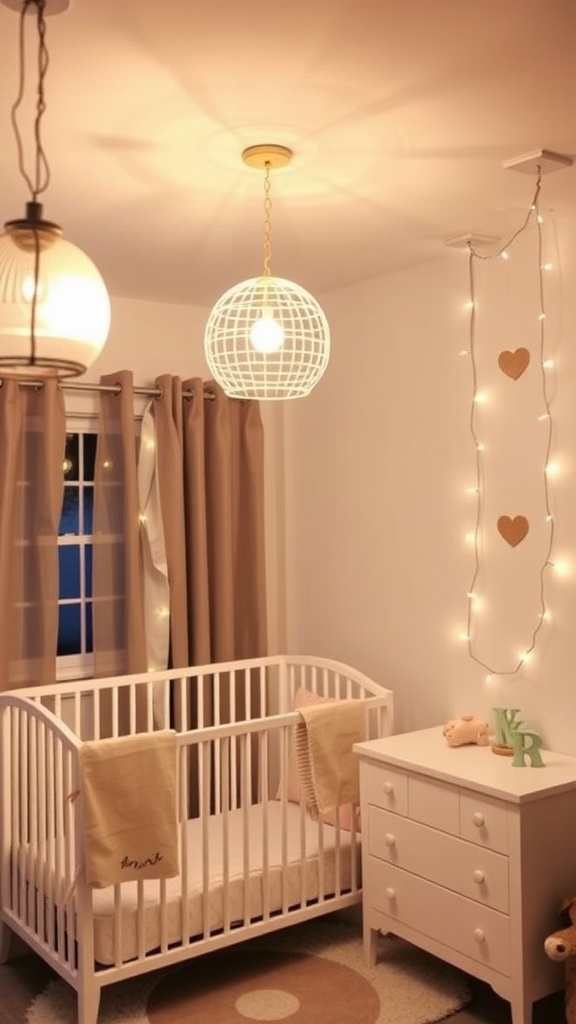 A modern nursery with creative lighting, featuring a pendant light and fairy lights.