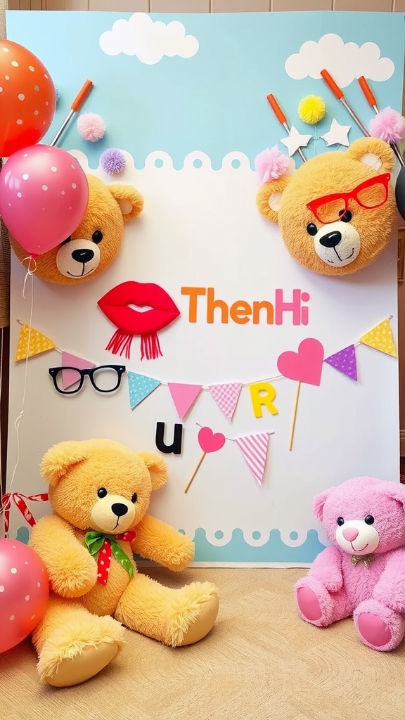 Teddy bear photo booth setup with colorful decorations and props.