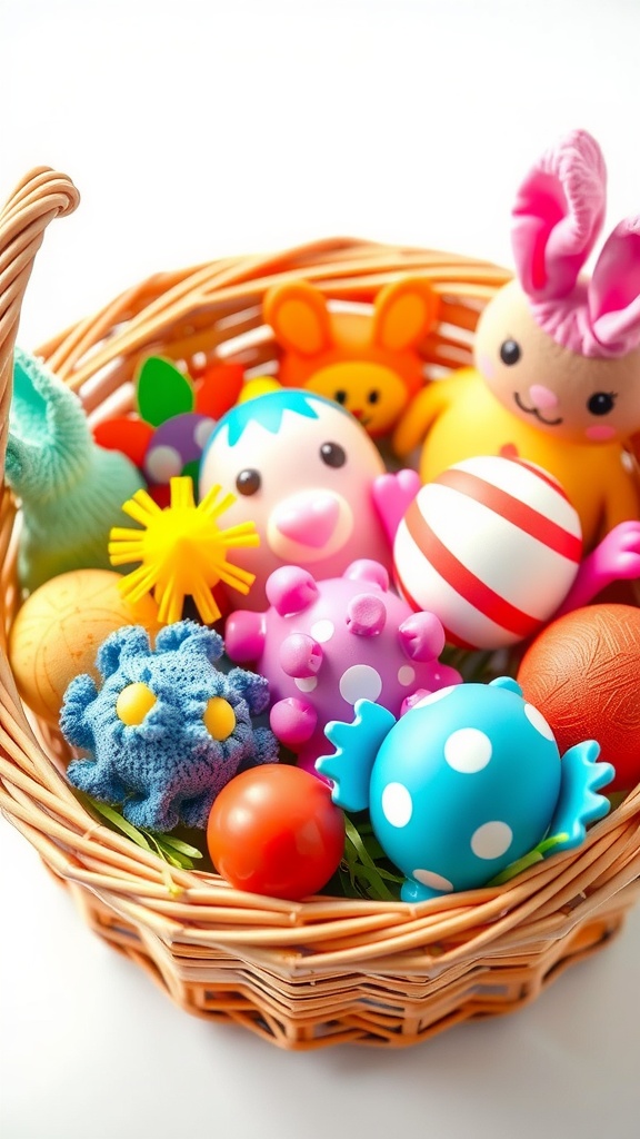 A vibrant Easter basket filled with crinkly sensory toys and colorful eggs.