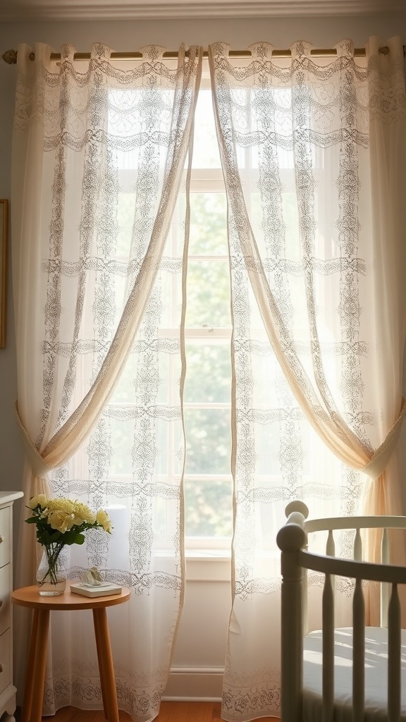 A cozy nursery featuring delicate lace curtains framing a window, with a small table and crib nearby.