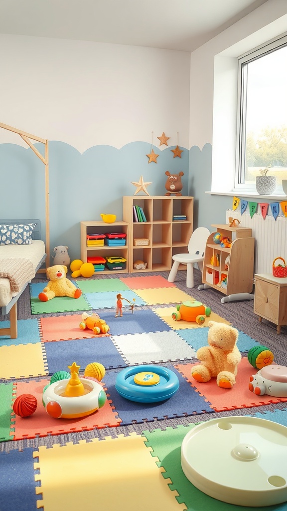 A bright and colorful gender-neutral nursery play area featuring soft mats and various toys.