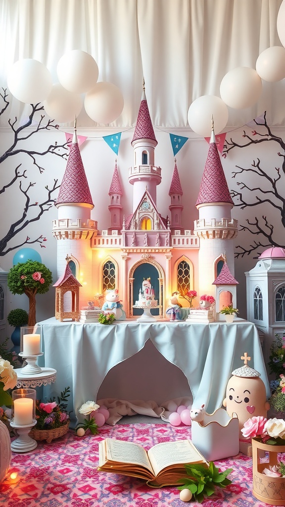 A beautifully decorated baby shower setting featuring a pink castle centerpiece, floral arrangements, and candles.