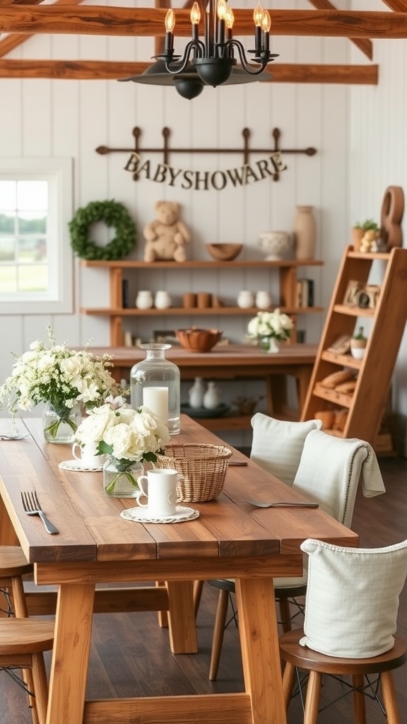 A beautifully arranged farmhouse chic baby shower setting with wooden table, fresh flowers, and a cozy atmosphere.