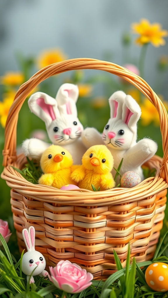A colorful Easter basket with finger puppets, including rabbits and ducks, surrounded by flowers.